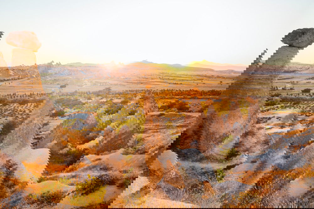 Beautiful sunset view of valley near Cavusin village in Cappadocia - a truer natural wonder of Türkiye