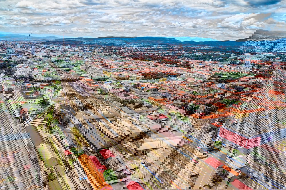 An aerial view of Zagreb packed with trains and tracks and buildings - Split to Zagreb train
